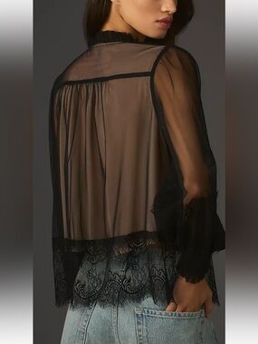 NWOT Anthropologie Black Sheer Lace Ruffle Blouse Size XL